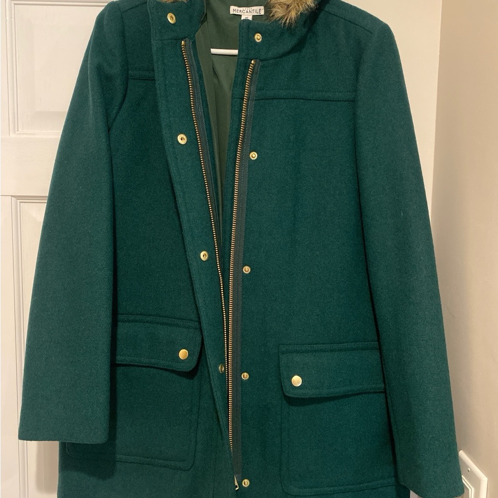 J. Crew Vail Parka Forest Green Coat with Gold Accents
